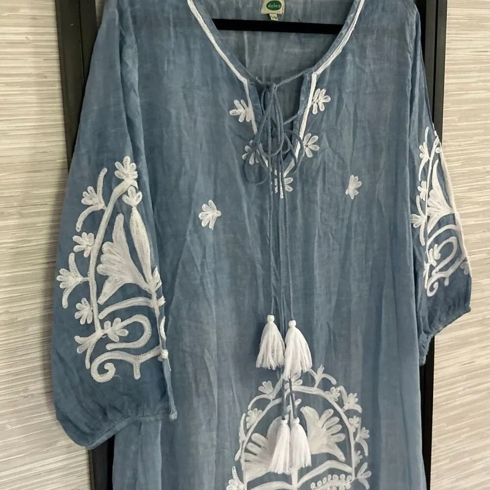 Dolma gorgeous lightweight denim color 100% cotton embroidered swimwear cover-up